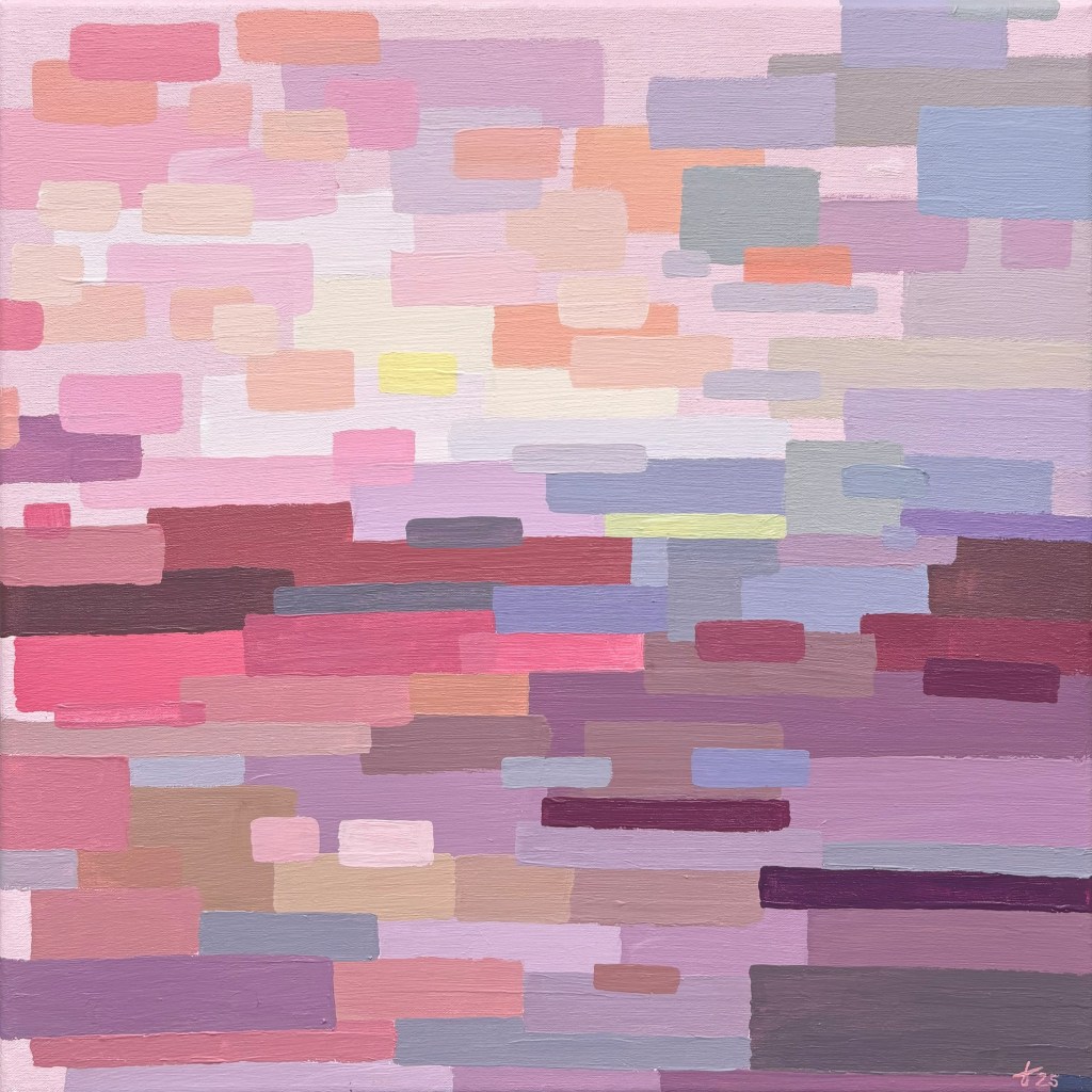 Abstract acrylic painting 'Good Night' - soft pink, orange and purple color blocks suggesting a sunset on the horizon.
Abstract acryl schilderij 'Good Night' - roze, oranje en paarse kleurvlakken die een zonsondergang boven de horizon suggereren.