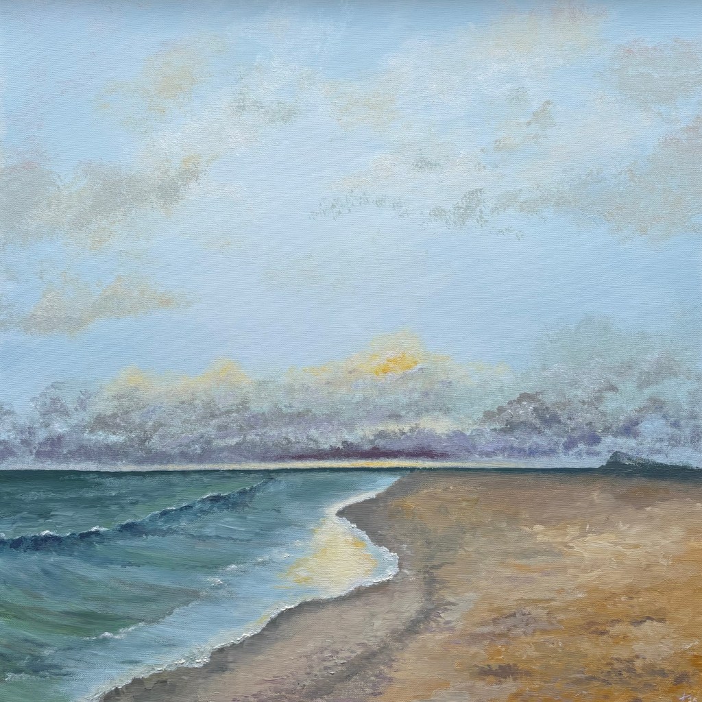 Impressionist acrylic painting 'Inheritance', waves breaking on a quiet beach under low clouds, 60x60 cm.
Impressionistisch acryl schilderij 'Inheritance', branding op een stil strand onder lage bewolking.