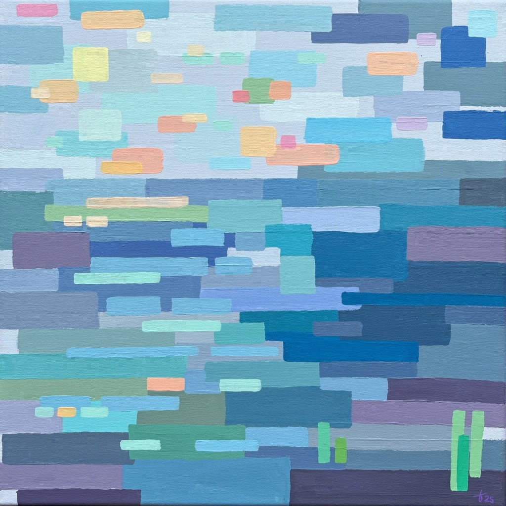 Abstract acrylic painting "Cotton Candy Morning" in blue tones with pastel sunrise reflections over calm water, 40 x 40 cm.
Abstract acryl schilderij "Cotton Candy Morning" in blauwtinten en pastelkleurige zonsopkomst boven kalm water, 40 x 40 cm.