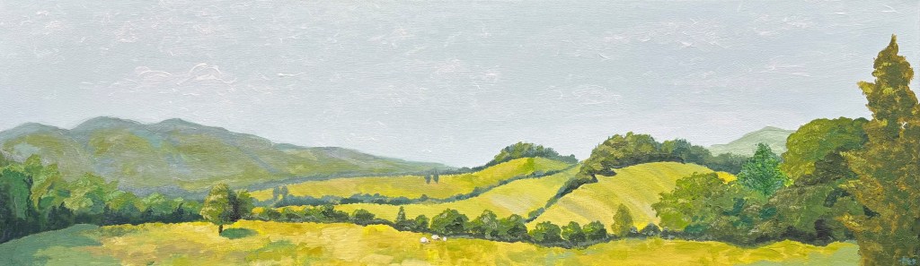 Impressionist acrylic painting 'La Tagnière – Enroute' – rolling green hills with sheep and trees in Bourgogne, 100x30 cm.
Impressionistisch acryl schilderij 'La Tagnière – En Route' – glooiende groene heuvels met schapen en bomen in Bourgondië, 100x30 cm.