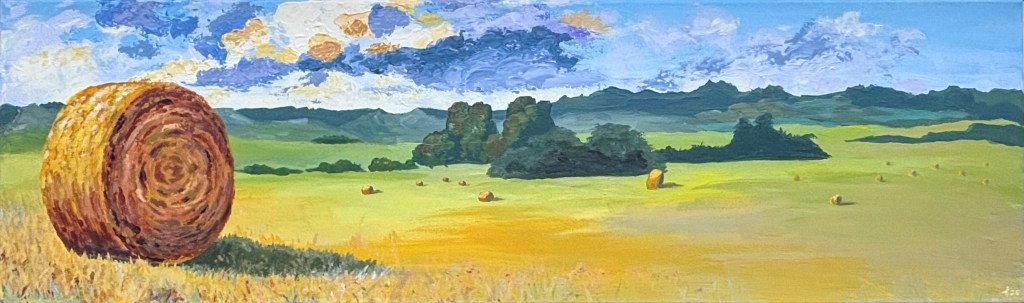 Impressionist acrylic painting 'Pays de la Loire – En Route' – golden field with hay bales, rolling hills and summer sky, 100x30 cm.
Impressionistisch acryl schilderij 'Pays de la Loire – En Route' – gouden veld met hooibalen, glooiende heuvels en zomerlucht, 100x30 cm.
