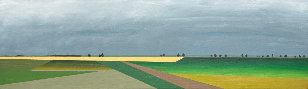 Semi-abstract acrylic painting 'Champagne – Enroute' – geometric French fields in green and yellow beneath a heavy blue-grey sky, 100x30 cm.
Semi-abstract acryl schilderij 'Champagne – Enroute' – geometrische Franse velden in groen en geel onder een zware blauwgrijze lucht, 100x30 cm.