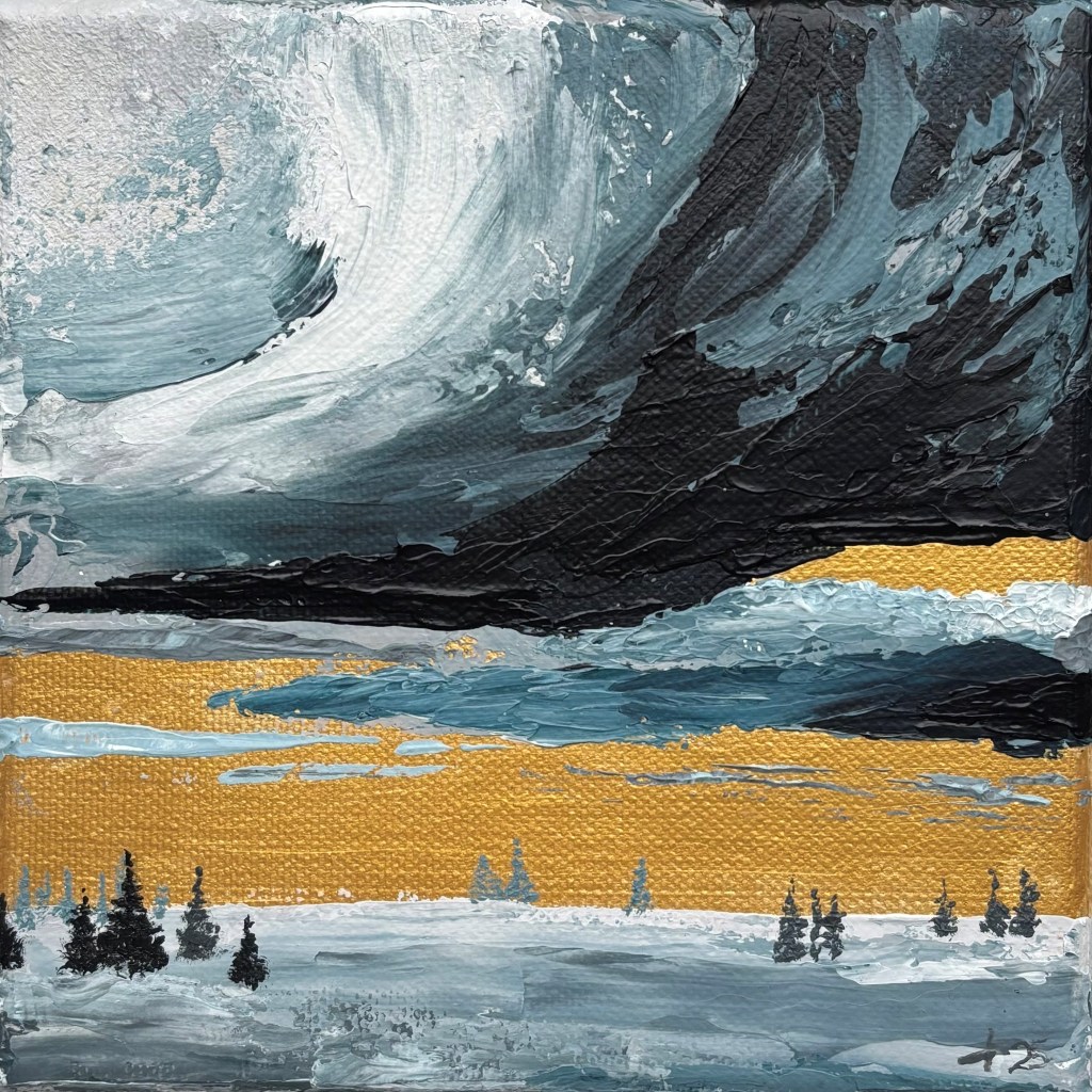 Impressionist acrylic painting 'Echoes 2' – snowy winter landscape with dark clouds above a metallic gold sky, 15x15 cm.
Impressionistisch acryl schilderij 'Echoes 2' – winters landschap met donkere wolken boven een metallic gouden lucht, 15x15 cm.