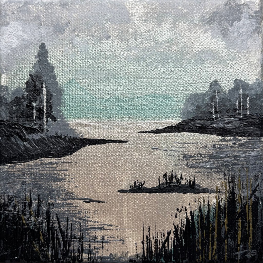 Impressionist acrylic painting 'Echoes 3' – calm lake with reeds, shorelines and distant trees in grey and pale green tones, 15x15 cm.
Impressionistisch acryl schilderij 'Echoes 3' – rustig meer met riet, oevers en bomen in zachte grijs- en groentinten, 15x15 cm.