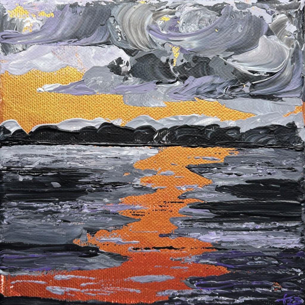 Expressionist acrylic painting 'Echoes 4' – sunset with heavy clouds and gold light reflecting across dark water, 15x15 cm.
Expressionistisch acryl schilderij 'Echoes 4' – zonsondergang met zware wolken en goud licht dat weerspiegelt over donker water, 15x15 cm.