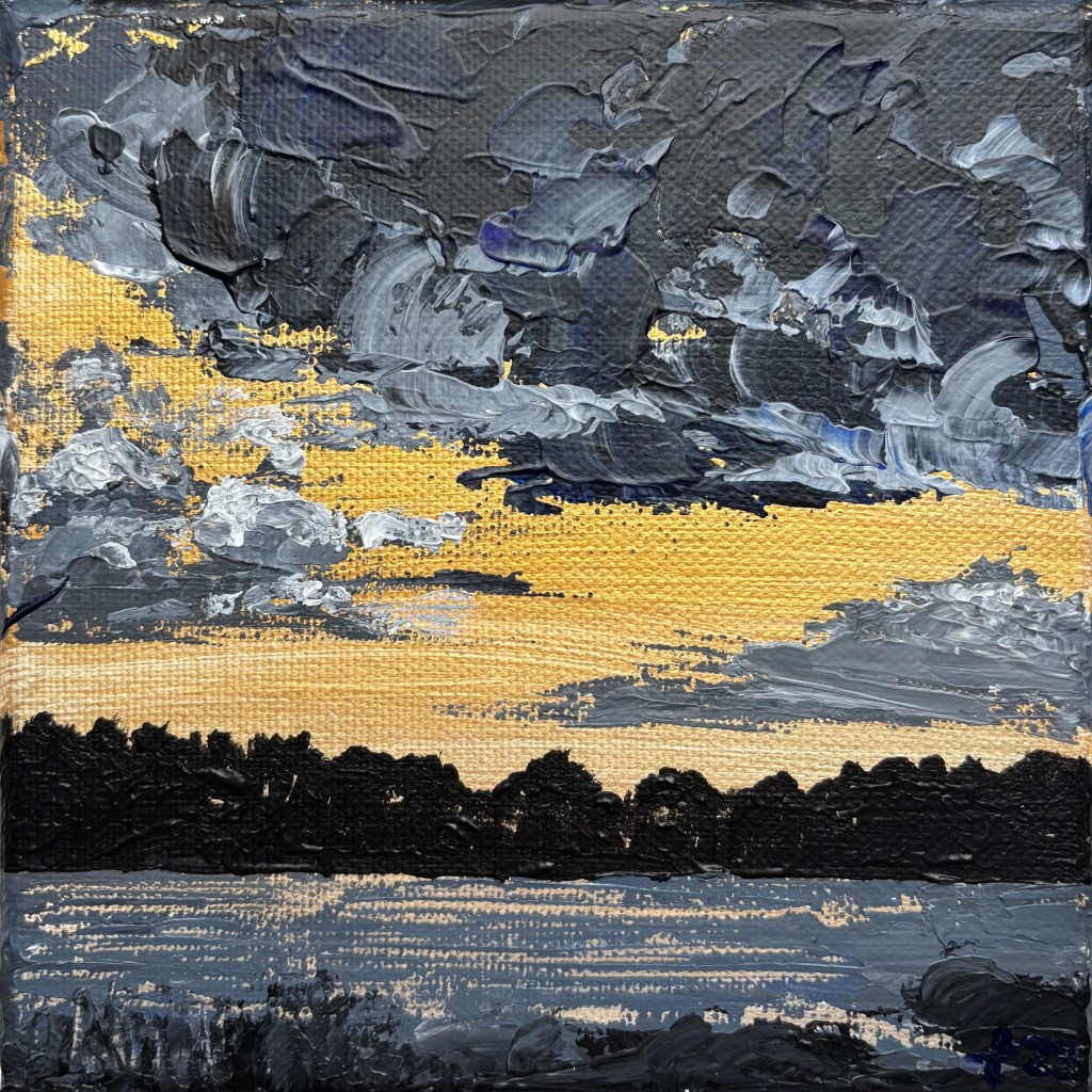 Expressionist acrylic painting 'Echoes 6' – dramatic grey and blue sky above gold horizon with dark treeline and reflective water, 15x15 cm.
Expressionistisch acryl schilderij 'Echoes 6' – dramatische grijs-blauwe lucht boven gouden horizon met donkere boomlijn en weerkaatsend water, 15x15 cm.