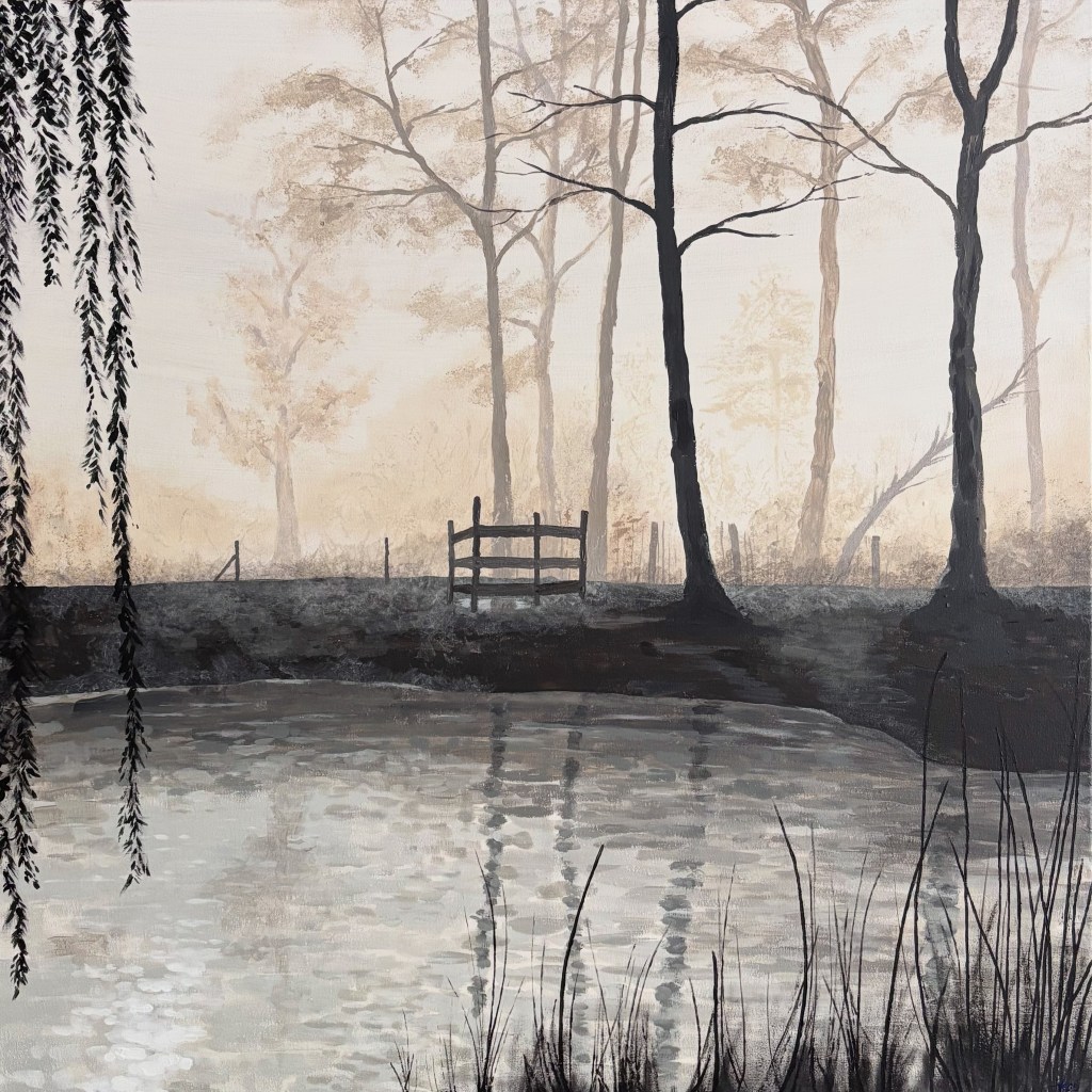 Painting “0414” – modern figurative acrylic artwork (80x80 cm) in soft greys and beiges, depicting a quiet pond and trees in early morning mist. Painted by Liane Kusters
Schilderij “0414” – modern figuratief acrylwerk van 80x80 cm in zachte grijs- en beigetinten, met een stille vijver, bomen en ochtendmist, geïnspireerd op een aprilochtendwandeling. Geschilderd door Liane Kusters