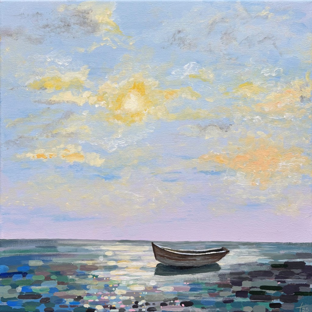 Schilderij van een boot op kalm, glinsterend water onder een pastelkleurenlucht, getiteld Yaya Masu – impressionistische weergave van het einde van de zomer. Geschilderd door Liane Kusters.
Painting of a small boat on calm, reflective water beneath a pastel sky, titled Yaya Masu – impressionistic depiction of the shift from summer to autumn. Painted by Liane Kusters.