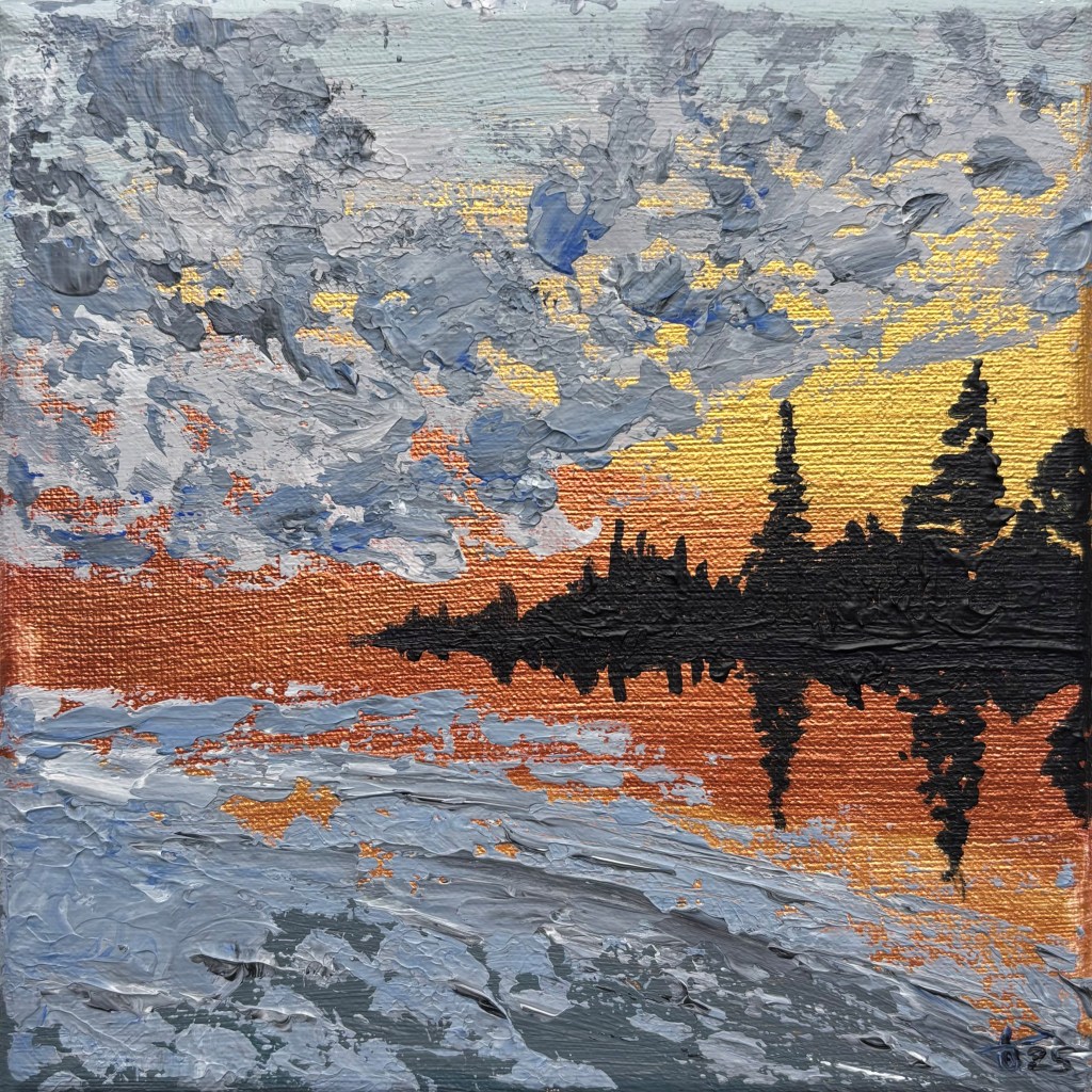 Landscape with a copper sunset, dark tree silhouettes, and expressive textured clouds.
Landschap met koperen zonsondergang, donkere boom¬silhouetten en expressieve wolken in dikke textuur.