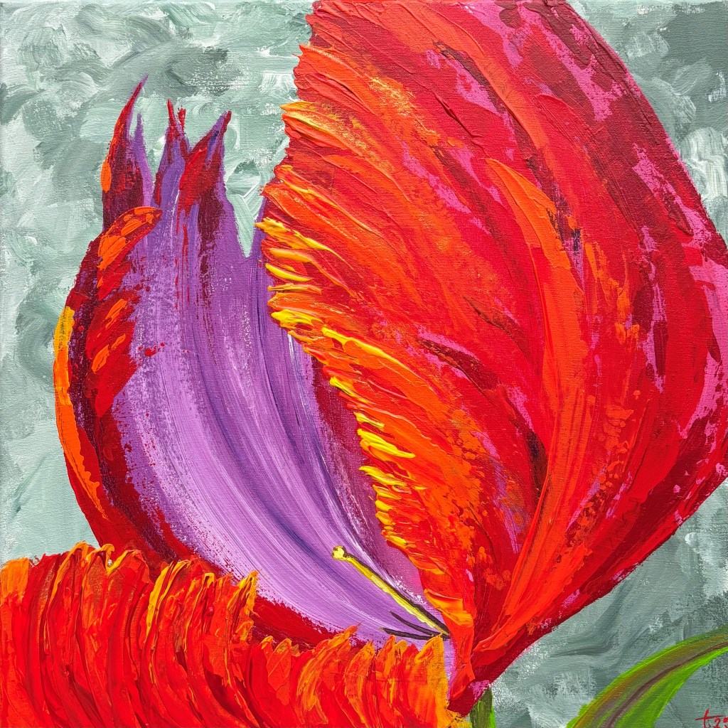 Expressive painting of a red and purple tulip with bold brushstrokes and gold highlights, created by Liane Kusters.
Expressief schilderij van een rood-paarse tulp met dynamische penseelstreken en goudaccenten, geschilderd door Liane Kusters.