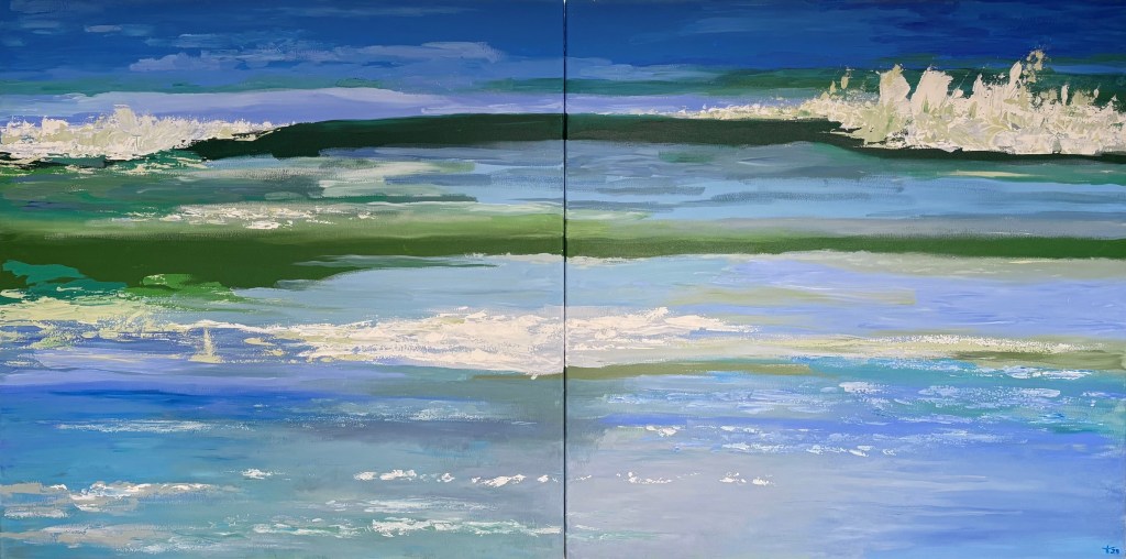 Abstract schilderij Silver Springs – grote horizontale compositie in blauw, groen en wit, met dikke lagen acrylverf die zomers water voorstellen. Geschilderd door Liane Kusters.
Abstract painting Silver Springs – large horizontal composition in blue, green, and white, with thick layers of acrylic paint suggesting summer water. Painted by Liane Kusters.