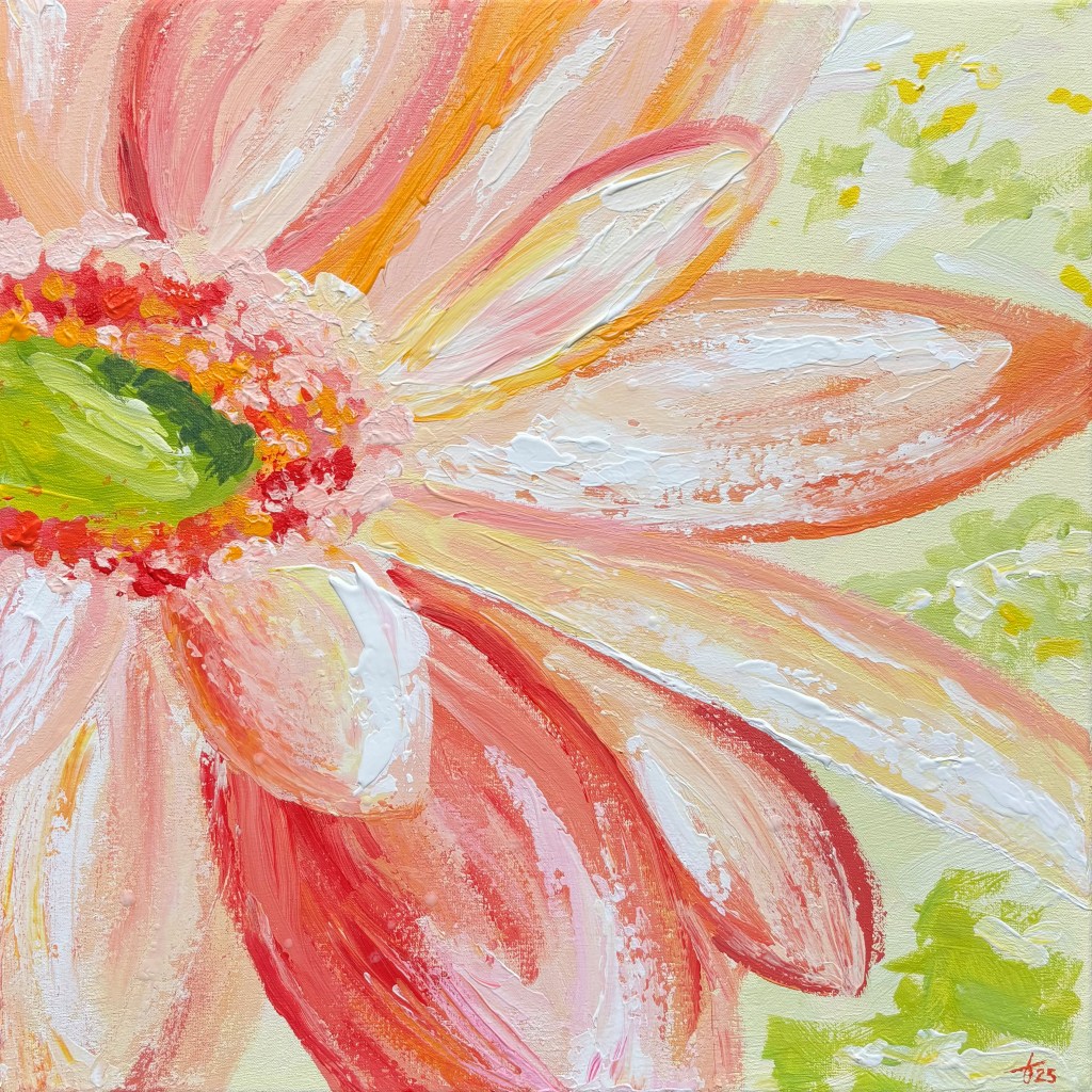 Abstract expressief bloemenschilderij in warme roze, oranje en gele tinten, met uitgespreide bloembladen en lichte textuurdetails.
Expressive floral painting in warm pink, orange, and yellow tones with textured petals and subtle shimmering details.