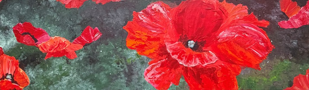 Expressive figurative painting of bright red poppies symbolizing vigor and resilience, titled Azar. Painted by Liane Kusters.
Expressief figuratief schilderij van felle rode klaprozen, symbool voor energie en veerkracht, getiteld Azar.
