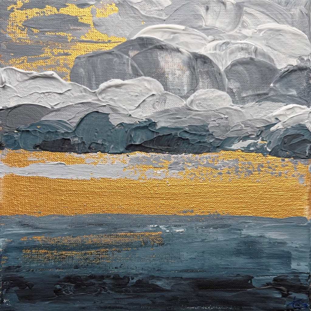 Abstract coastal texture painting in grey, blue and gold tones, titled Echoes 10