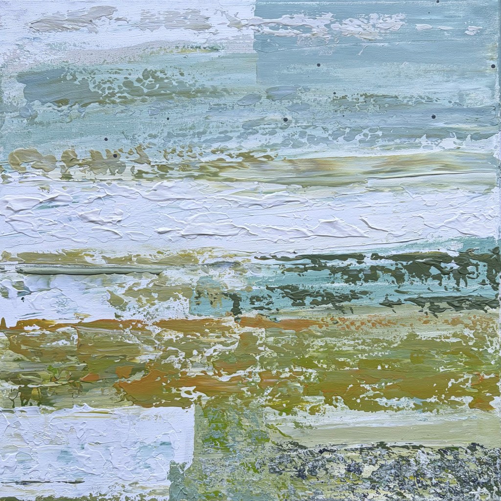 Abstract painting with horizontal layered textures in soft greens, blue-greys, ochre and white, inspired by the graphic surface of birch bark.