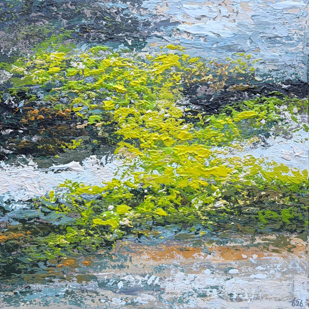 Abstract painting with thick layered textures in yellow-green, blue, grey, earthy tones and white, inspired by the surface of oak bark.
