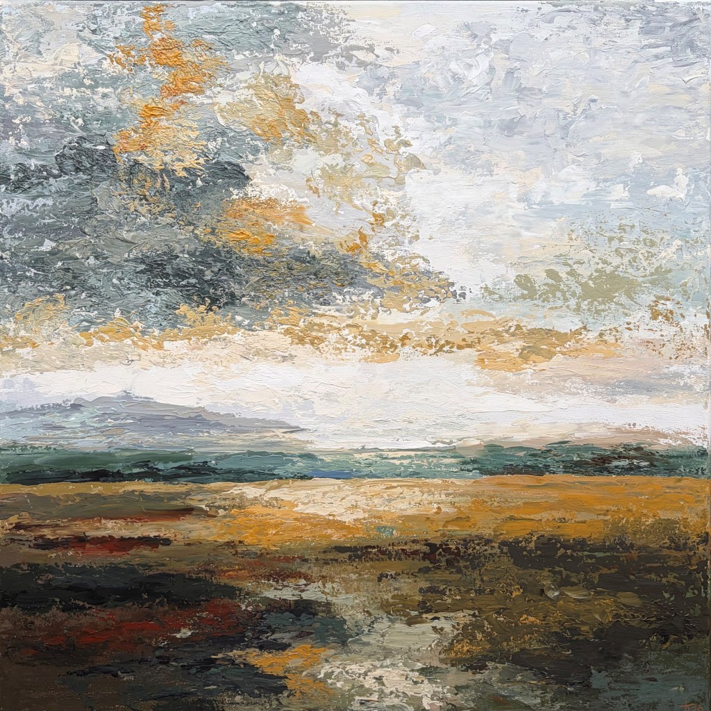 Abstract schilderij met landschappelijke indruk, opgebouwd uit lagen verf in aardse tinten en grijs.
Abstract landscape painting reminding of a horizon, made with layered paint in muted earth tones and soft greys.