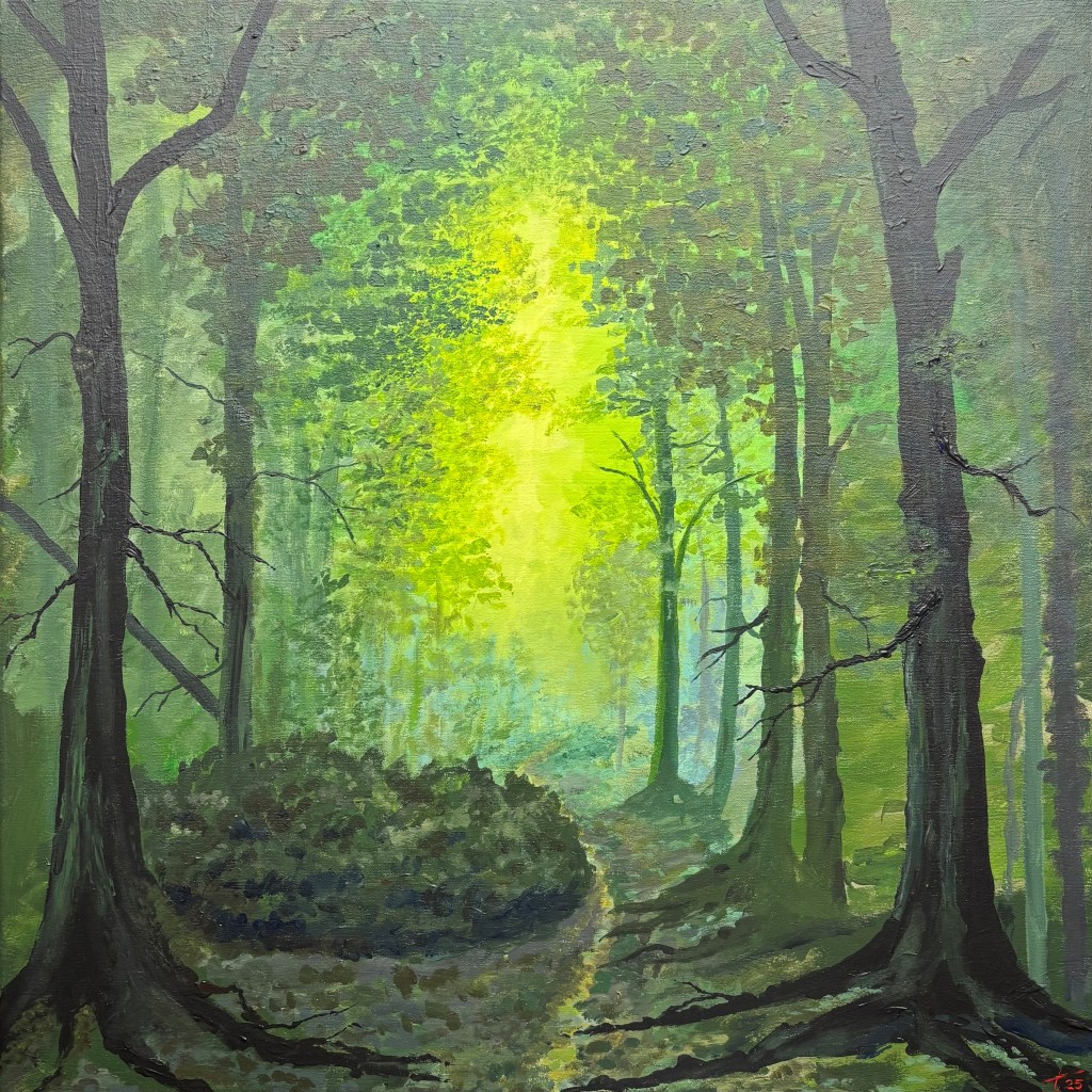 Painting of a dense summer forest with intense green tones, filtered light and an eerie, fairy-tale atmosphere inspired by the Brothers Grimm.
Schilderij van een dicht zomerbos met intens groen bladerdek, gefilterd licht en een beklemmende, sprookjesachtige sfeer, geïnspireerd op de sprookjes van Grimm.