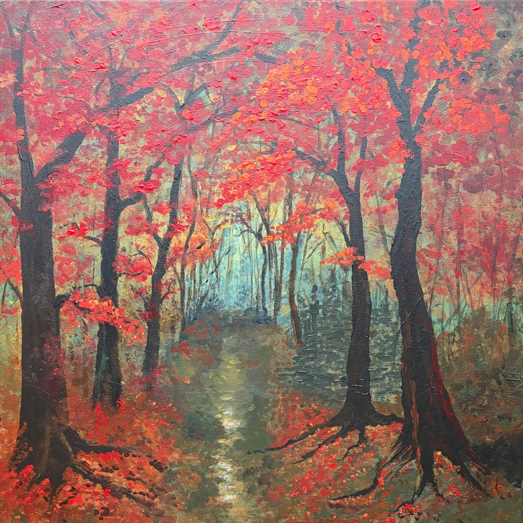 Eerie autumn forest painting with red foliage, dark trees and a narrow path, inspired by Grimm fairy tales and a haunting woodland atmosphere.
Duister herfstbos schilderij met rode bladeren, donkere bomen en een smal pad, geïnspireerd op Grimm-sprookjes en een griezelige bosatmosfeer.