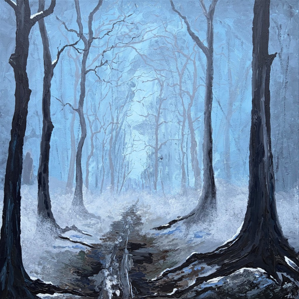 Haunting winter forest painting with snow, bare twisted trees and a misty path, inspired by Grimm fairy tales and a dark woodland atmosphere.
Duister winterbos schilderij met sneeuw, kale kronkelende bomen en een mistig pad, geïnspireerd op Grimm-sprookjes en een dreigende bosatmosfeer.