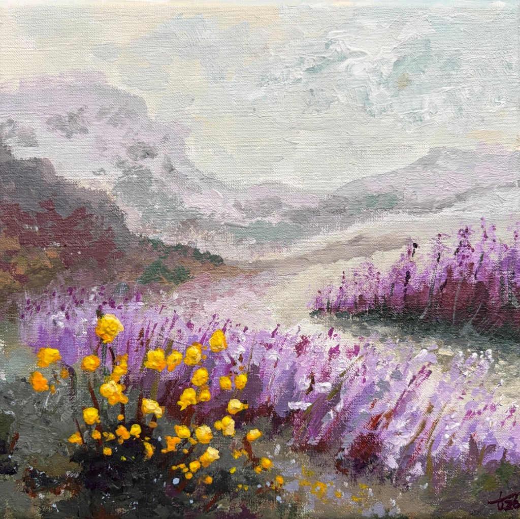 Small atmospheric landscape painting of the Lake District in Cumbria, showing misty hills, heather in soft purples, yellow wildflowers in the foreground, and a cloudy, subdued sky.