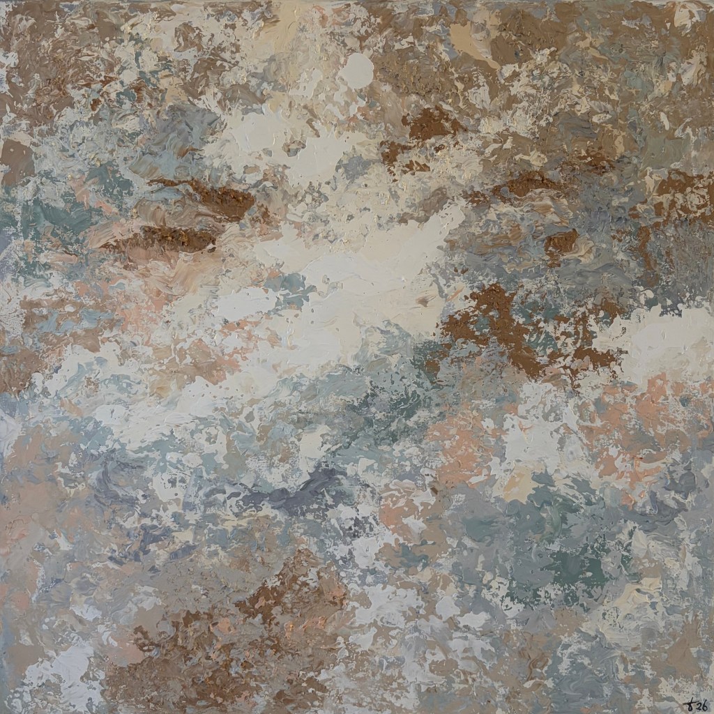 Abstract schilderij geïnspireerd op berkenbast, met zachte grijs-, groen- en beigetonen, gelaagde acrylverf, textuur en subtiele goudaccenten.
Abstract painting inspired by birch bark, featuring layered acrylic paint in soft grey, green and beige tones, textured surface with subtle gold accents.