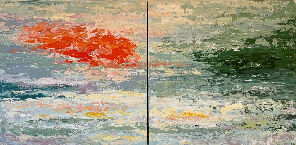 Abstract diptych painting in layered acrylic showing a horizon-like composition with orange mist tones, soft greens, pale yellows and muted blues. Two square 60 x 60 cm panels forming an abstract landscape inspired by sunrise.