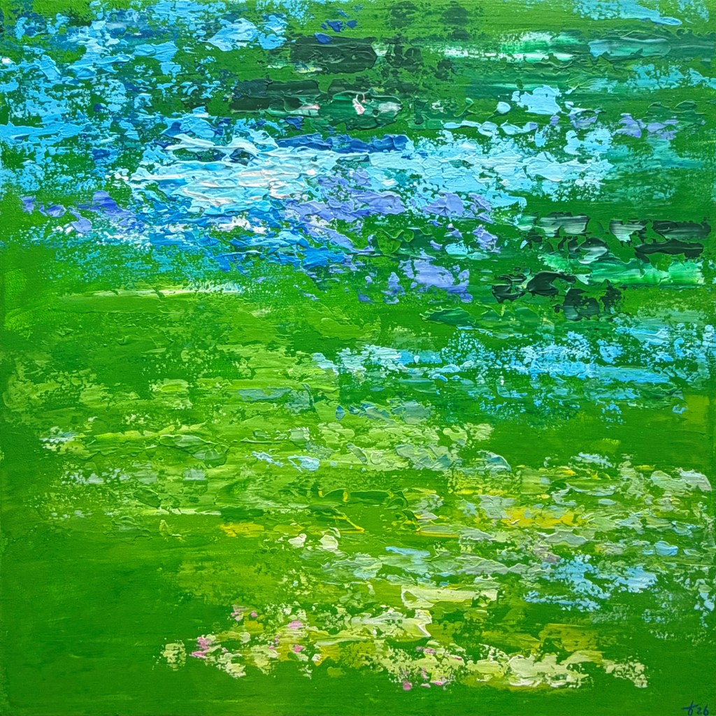 Abstract painting with layered green tones ranging from bright lime and spring green to darker forest shades, combined with soft blue and white textures. Horizontal composition with visible palette knife texture, 60 x 60 cm.