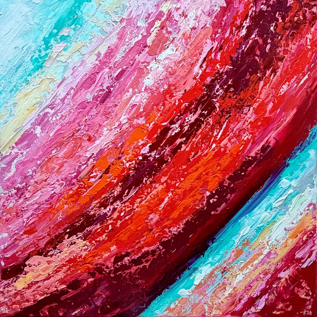 Abstract painting with diagonal layered textures in intense red, pink and orange tones contrasted with turquoise and mint green. Expressive acrylic composition with visible palette knife texture, 60 x 60 cm.
