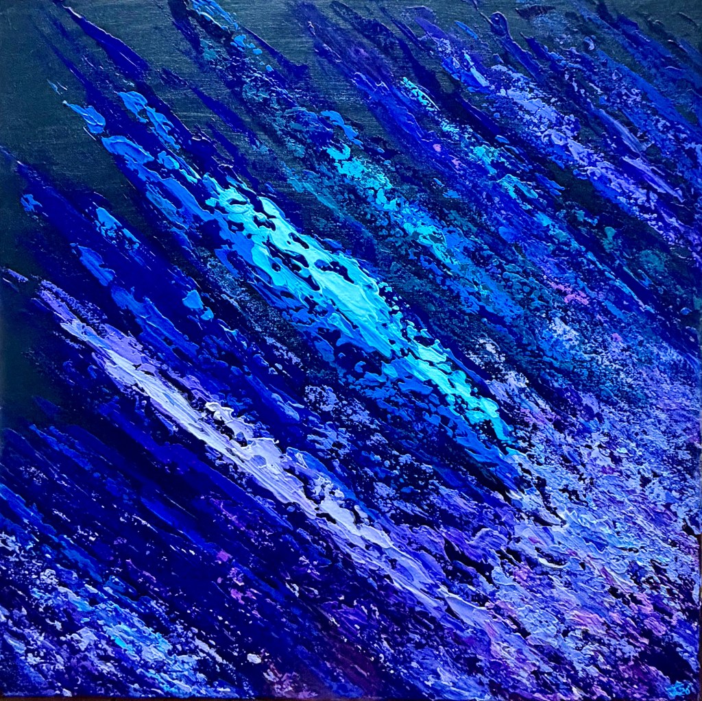 Abstract painting in deep dark blue with diagonal layered textures in electric cyan, ultramarine and violet. Expressive acrylic composition with strong contrast and visible texture, 60 x 60 cm.