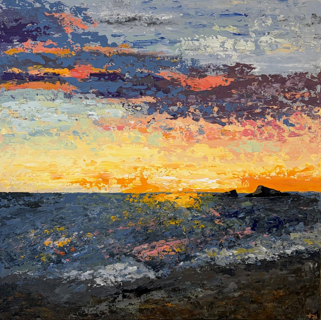 Semi-abstract schilderij van een ondergaande zon boven zee en strand, opgebouwd uit gelaagde acrylverf in warme en koele tinten, zonder getekende lijnen.
Semi-abstract painting of a setting sun above sea and shoreline, created with layered acrylic paint in warm and cool tones, without drawn lines. Painted by Liane Kusters