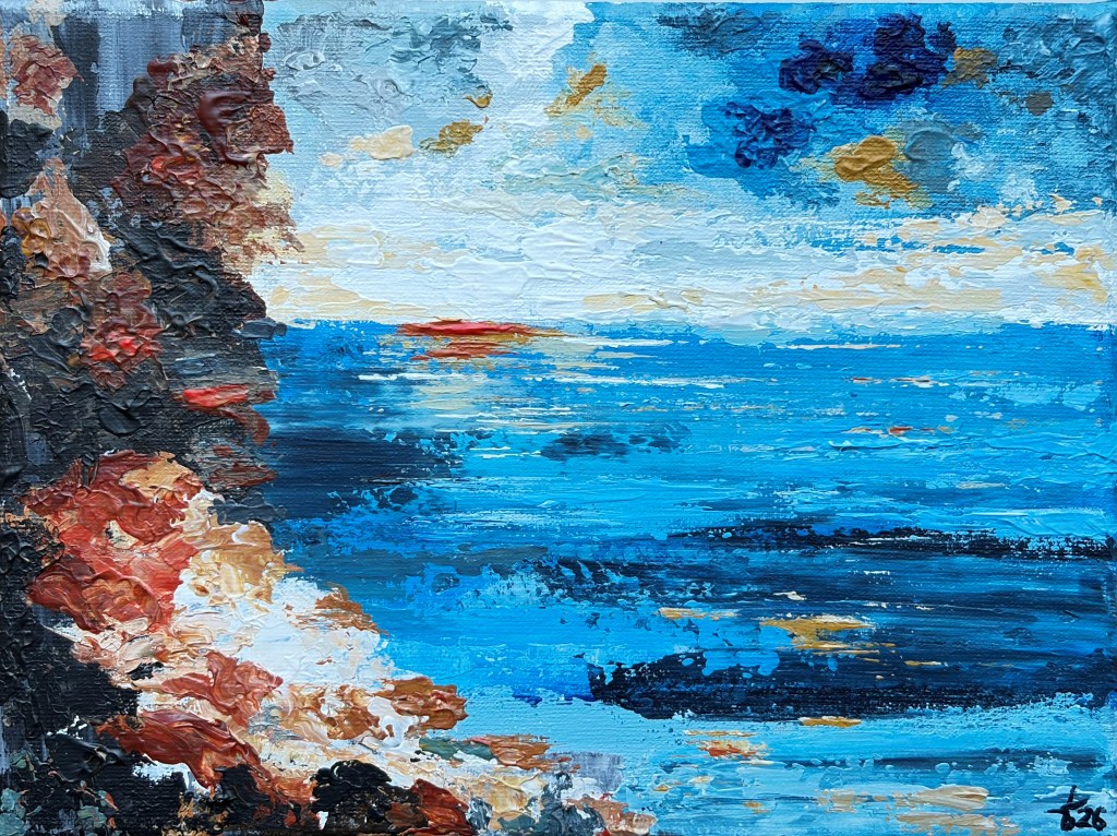 Small abstract palette knife painting suggesting a coastal landscape with deep blue sea, warm rocky tones on the left and a low sunset glow on the horizon, inspired by Chapman’s Peak Drive in South Africa.