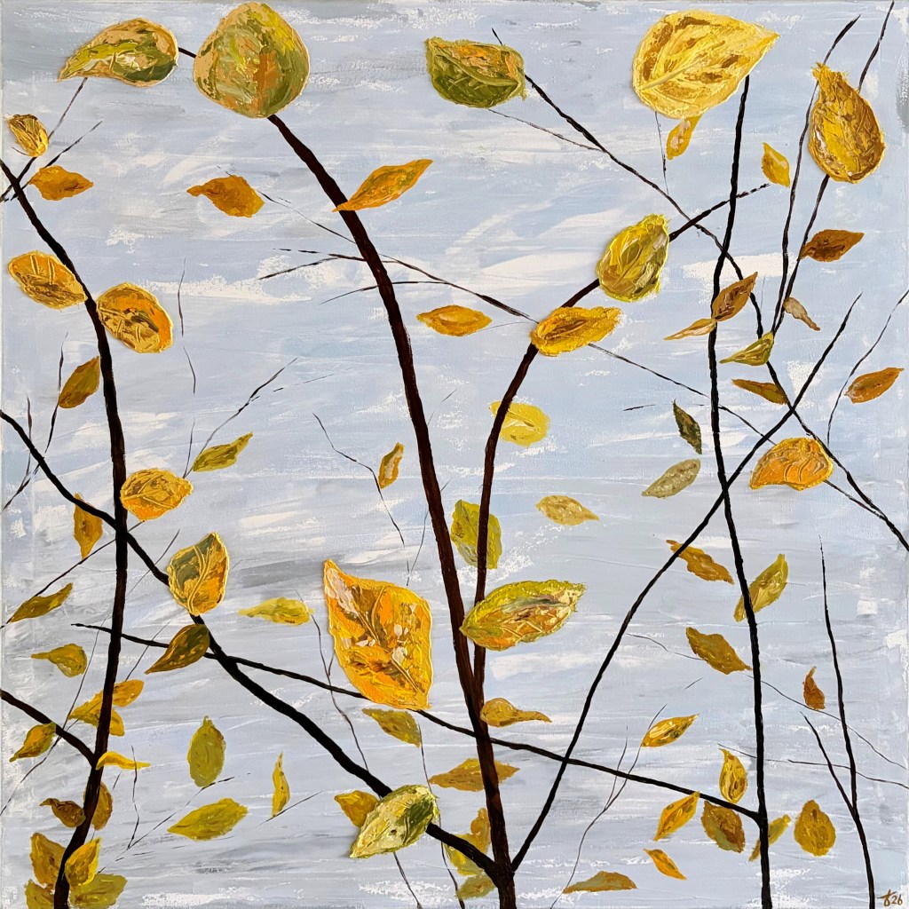 Large figurative painting by Liane Kusters of espalier trees with yellow autumn leaves against a soft blue-grey sky, featuring a mix of flat brushwork and thick, textured, almost sculptural leaves suggesting movement in a light breeze.