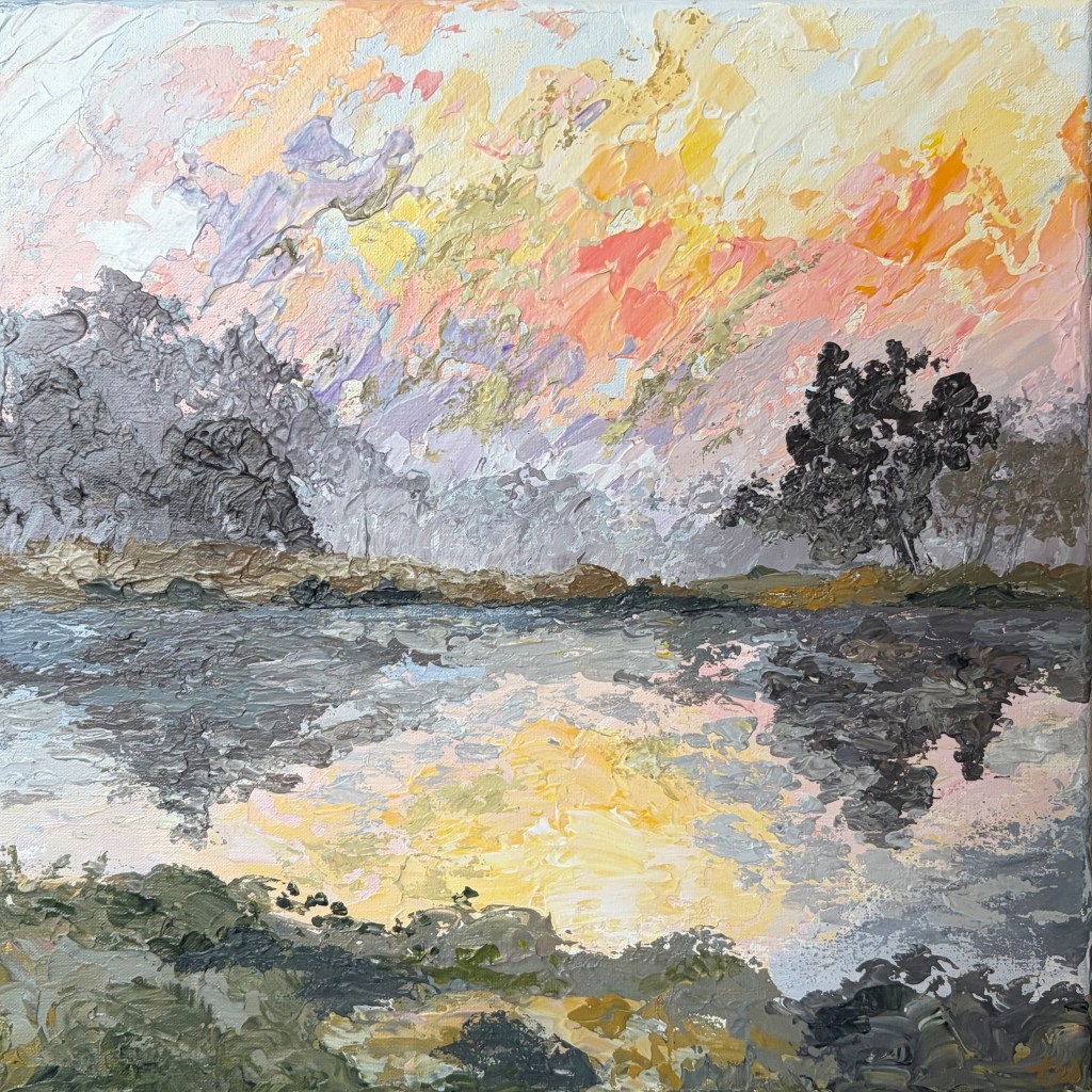 Small 30x30 cm abstract palette knife painting suggesting a landscape with water reflections, soft pastel sunrise colors and dark tree-like forms, created without drawn lines or defined shapes.