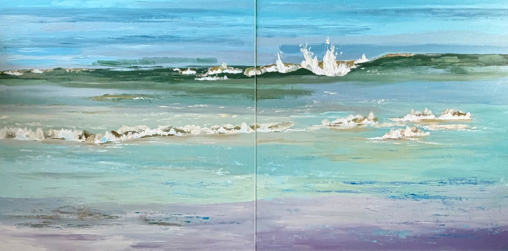 Large diptych abstract seascape painting (200x100 cm) by Liane Kusters with horizontal layers in muted blue and green tones, suggesting ocean waves and surf through soft transitions and textured paint, creating a calm yet slightly melancholic atmosphere.