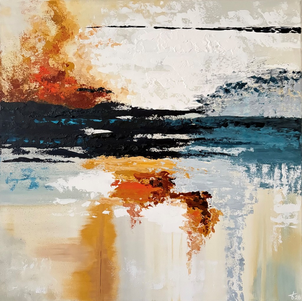 Abstract painting from the BARK series inspired by silver birch bark, with textured layers in ochre, rust brown, Prussian blue, white and beige.