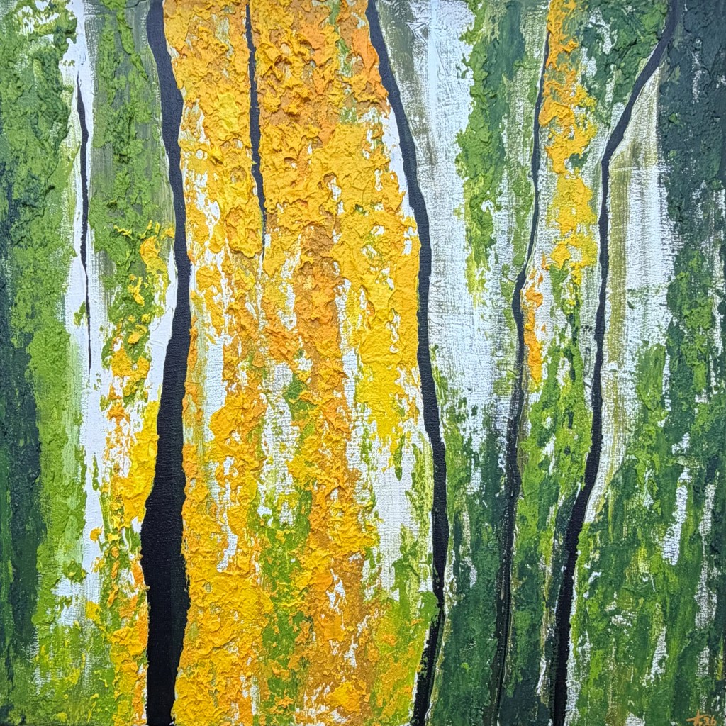 Abstract painting from the BARK series with dark vertical bark lines and thick moss green and bright yellow lichen-like textures.