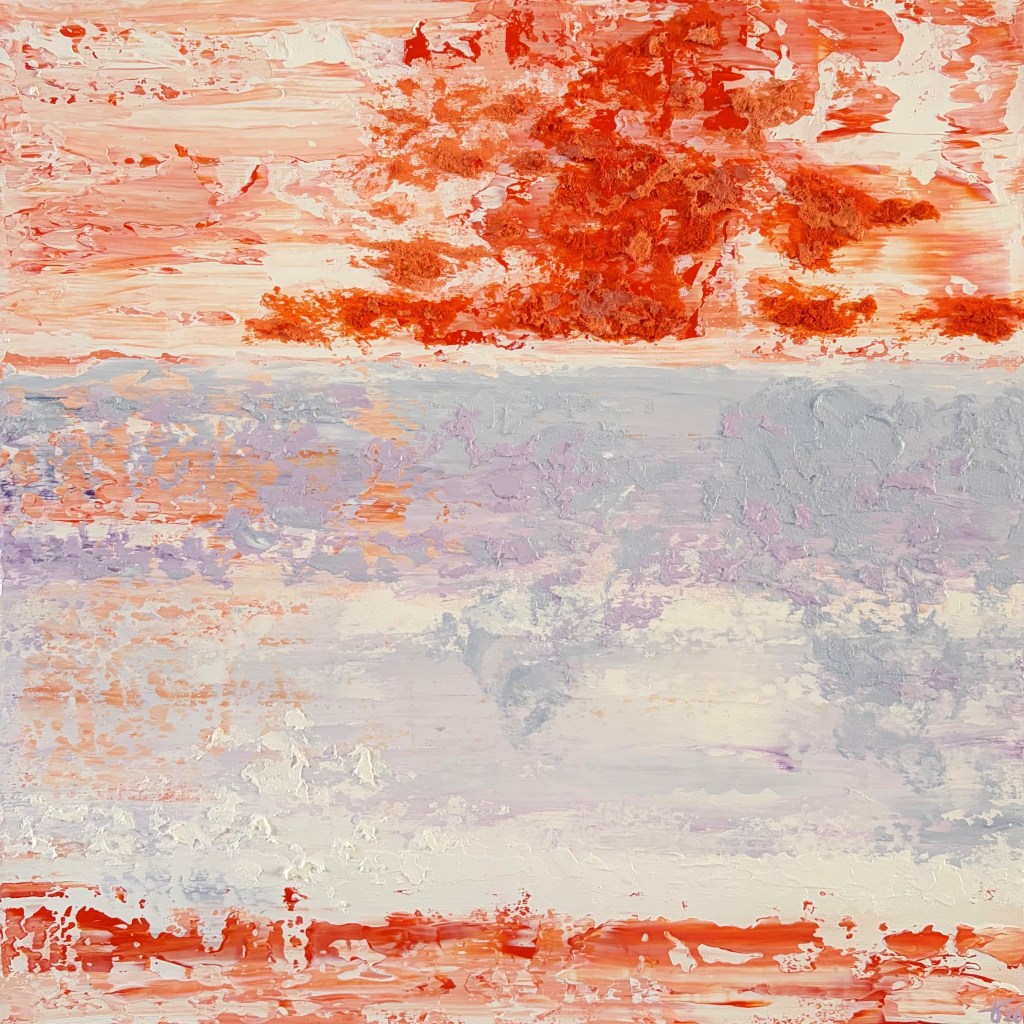 Abstract painting from the BARK series inspired by birch bark, with white and violet tones, layered texture, and bright orange organic accents.