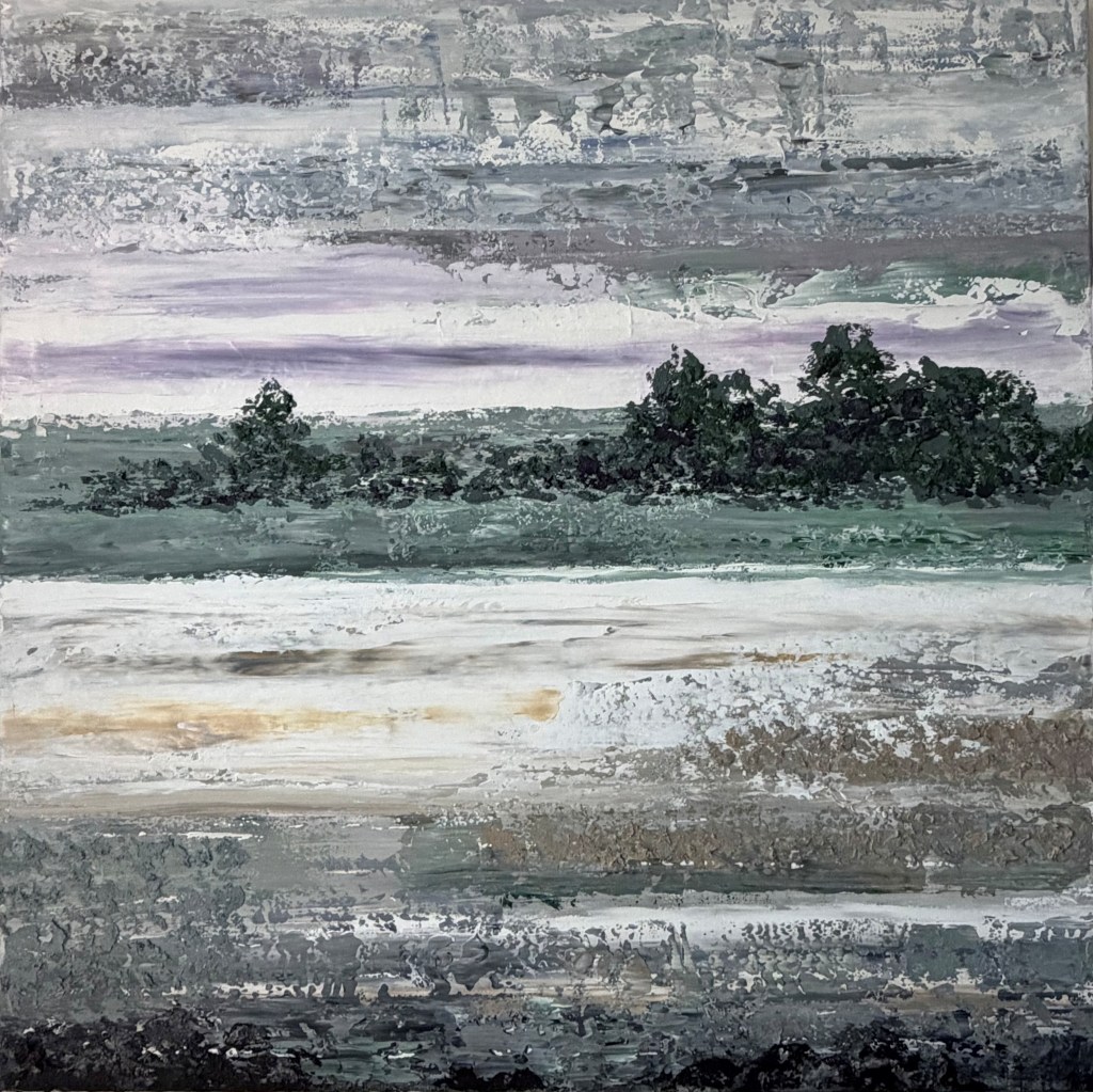 Abstract landscape painting with layered horizontal textures in grey tones and subtle color shifts, suggesting early twilight.
