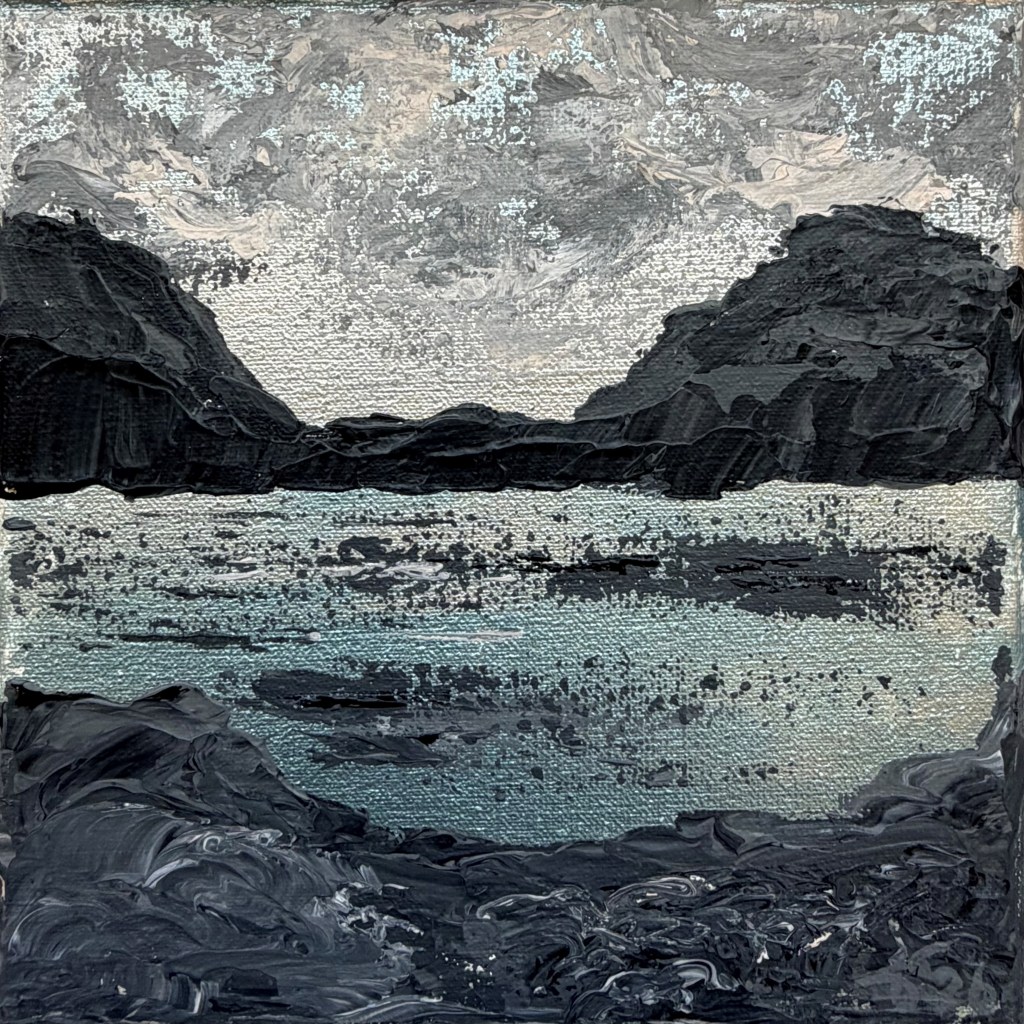 Abstract landscape painting with mountains and water, black and grey palette knife texture over metallic silver and blue ground, Echoes 12 by Liane Kusters