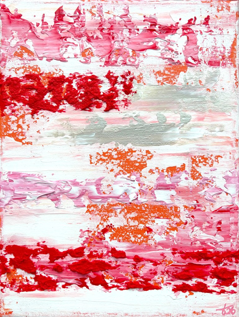 Small abstract painting with textured layers in white, silver, and a bright accent color, designed as a bold visual statement.