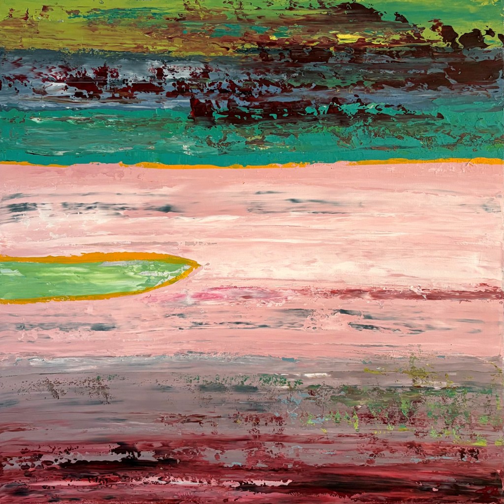 Abstract painting from the BARK series inspired by eucalyptus bark, with layered horizontal bands in green, pink, ochre, brown and blue tones. Painted by Liane Kusters