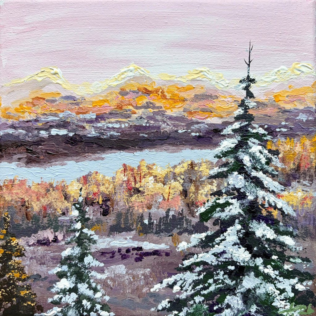 Small impressionistic painting of a winter landscape in Lapland with snow-covered pine trees and warm light reflecting on the snow.