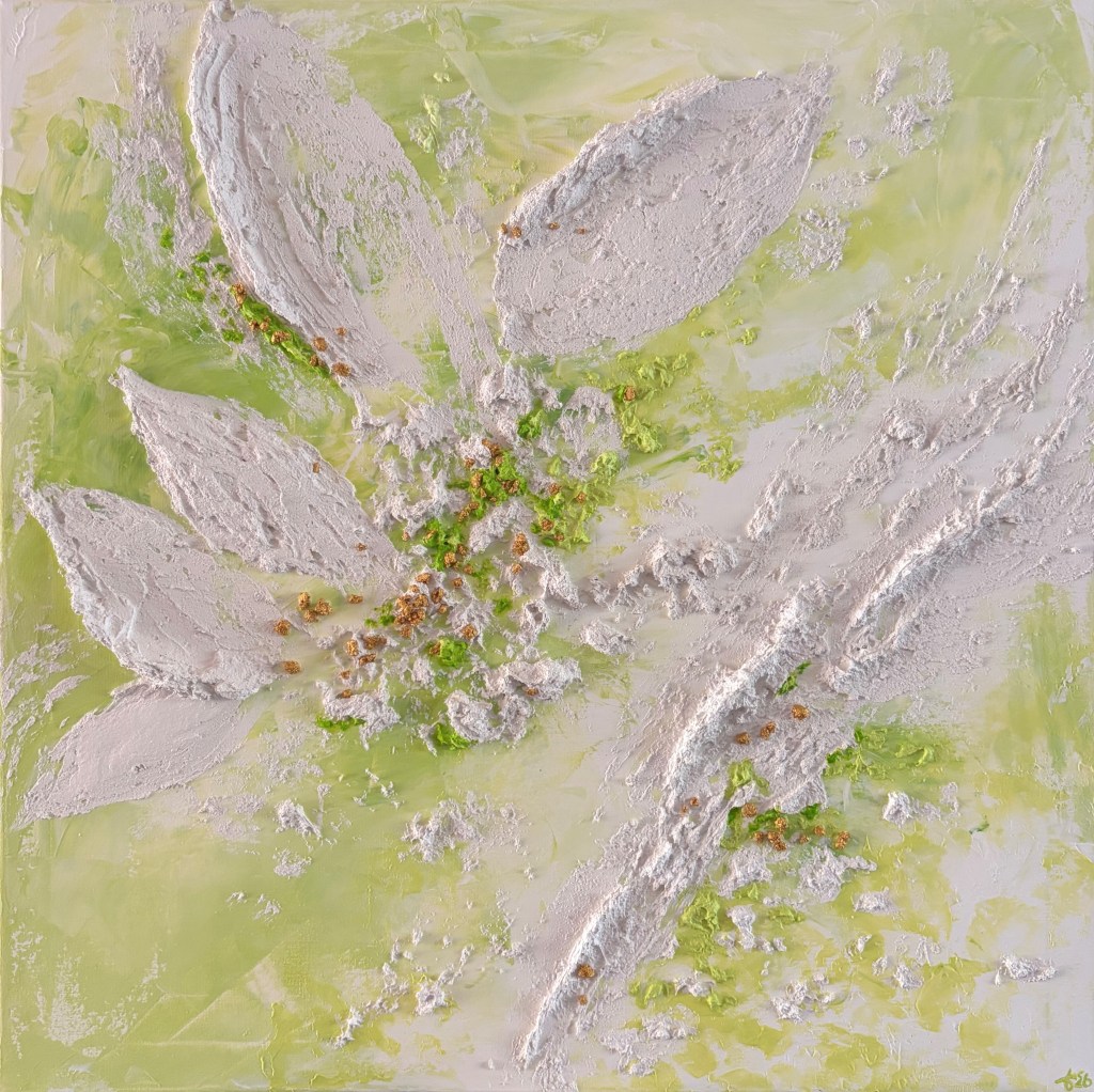 Abstract painting inspired by star magnolia, with white petal-like shapes, green background and heavy texture including granular gold-like elements.