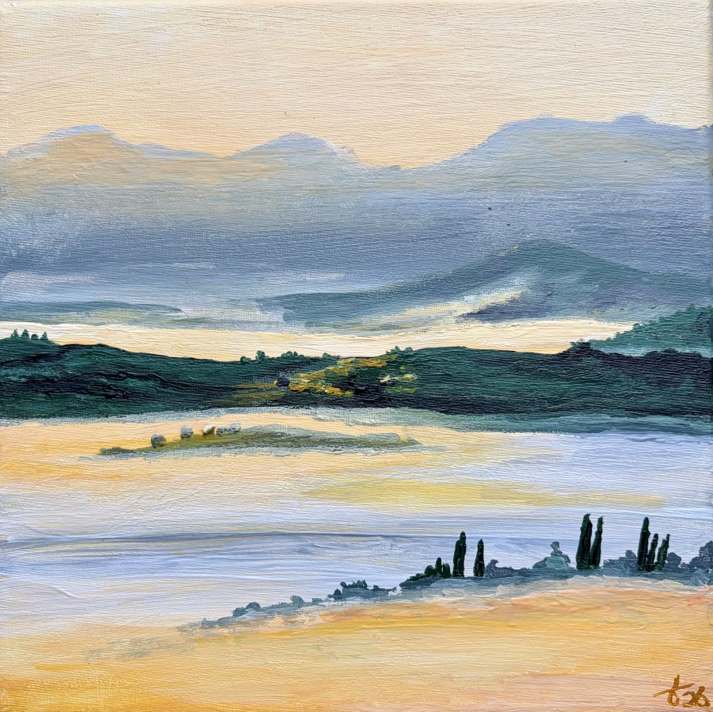 Abstract schilderij van glooiende Toscaanse heuvels in mist, met zachte overgangen in geel-, wit- en grijstinten.