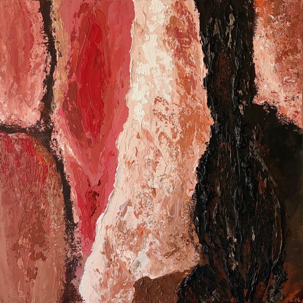 Abstract painting from the BARK series inspired by pine bark, with layered textures in red, pink and earth tones with dark accents.