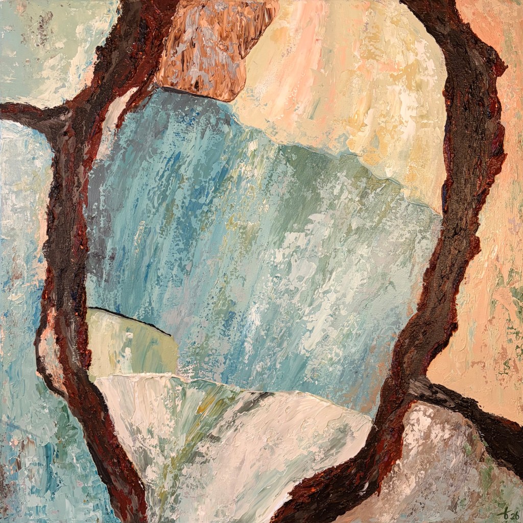 Abstract painting from the BARK series inspired by pine bark, with layered textures, dark lines and a mix of blue, green and beige tones. Artist: Liane Kusters