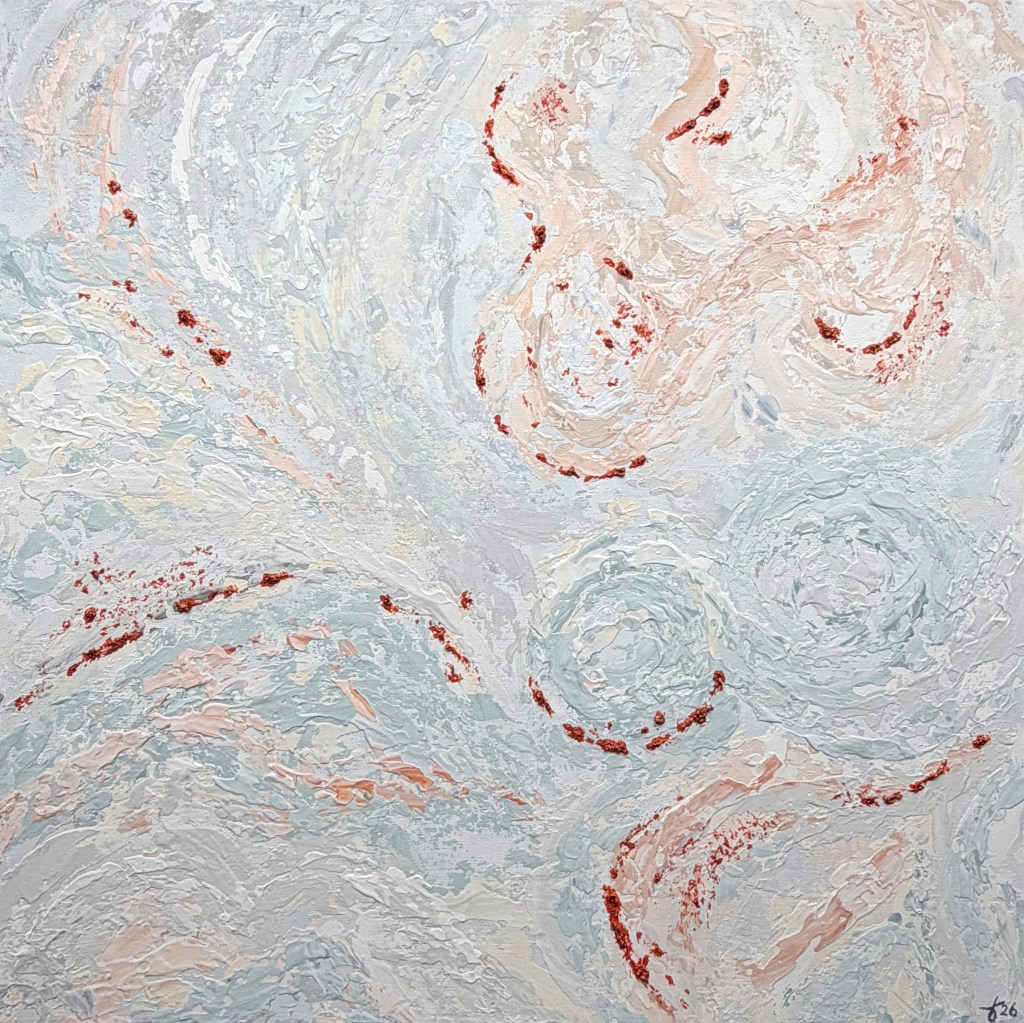 Abstract painting from the BARK series inspired by plane tree bark, with soft pastel tones, rounded shapes and textured rust-colored elements.