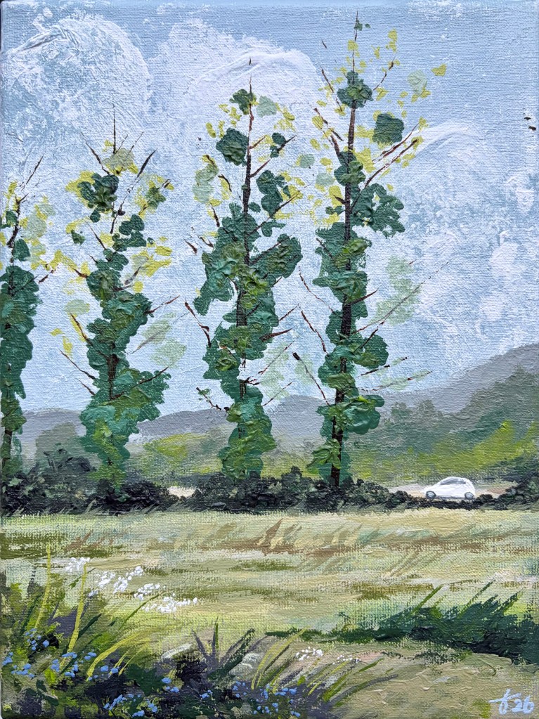Small acrylic painting of a rural landscape with tall, stylized trees and a small white car driving along a road in the distance, suggesting a journey through nature.