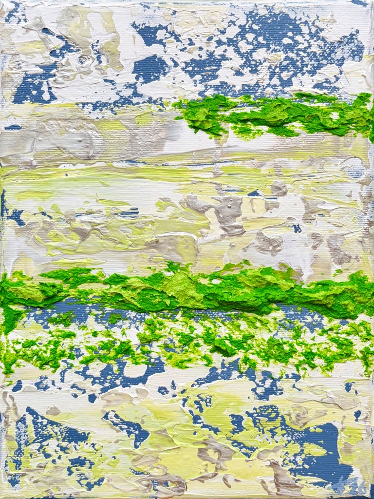 Small abstract painting with textured layers in white, silver, and a bright accent color, designed as a bold visual statement.